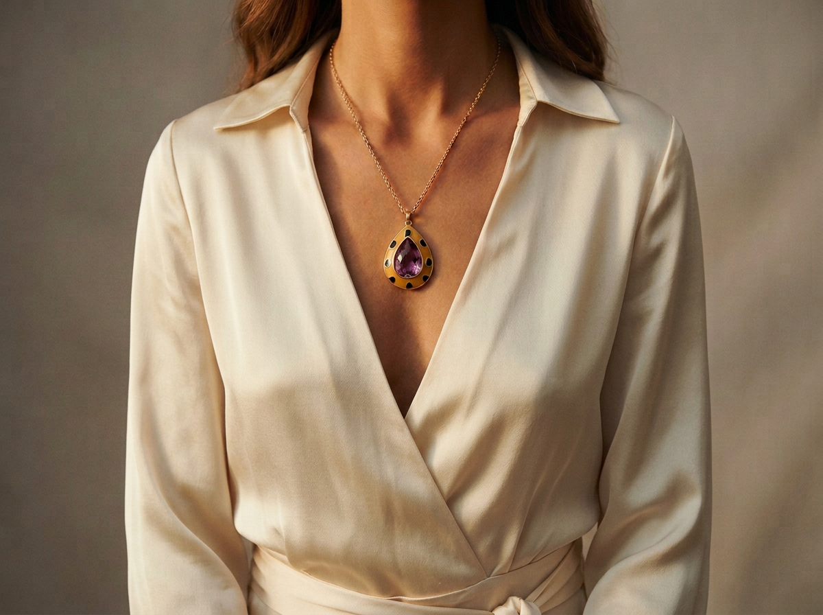 Model in a cream silk shirt wearing a Maison Spectre amethyst enamel pendant