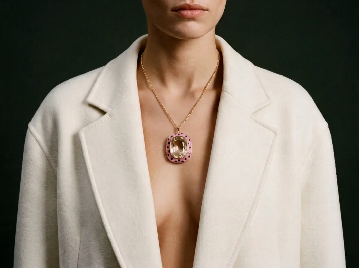 Model wearing a Maison Spectre pink enamel pendant with a natural stone